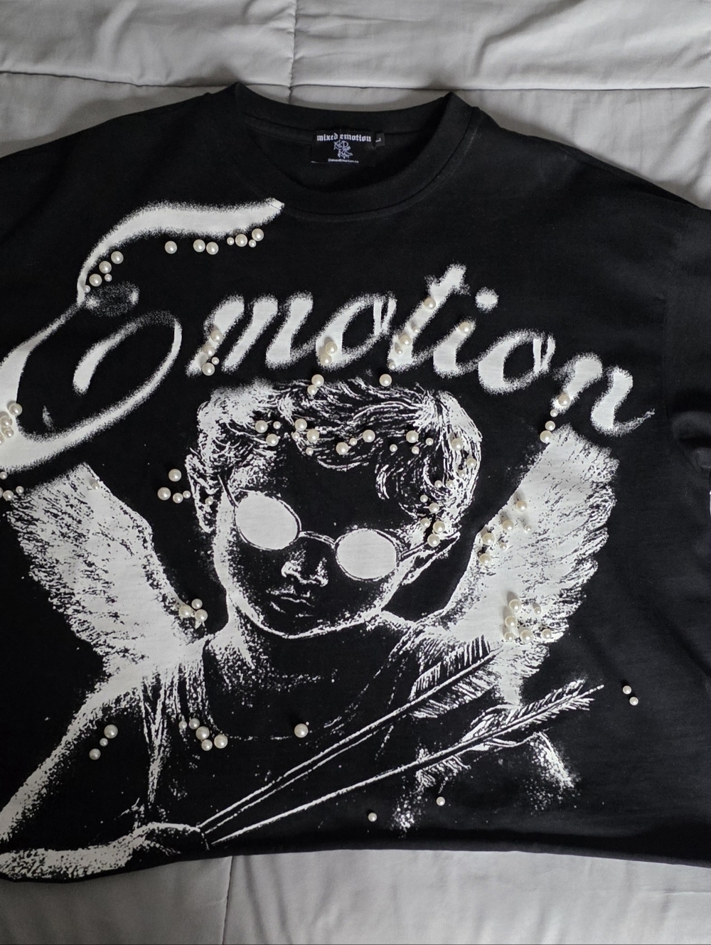 MIXED EMOTION-  Graphic Pearl-Embellished Black Tee